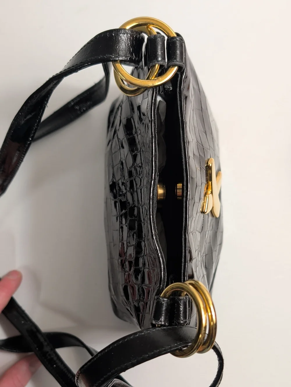 Vintage Paloma Picasso Black Alligator-Embossed Patent Shoulder Bag